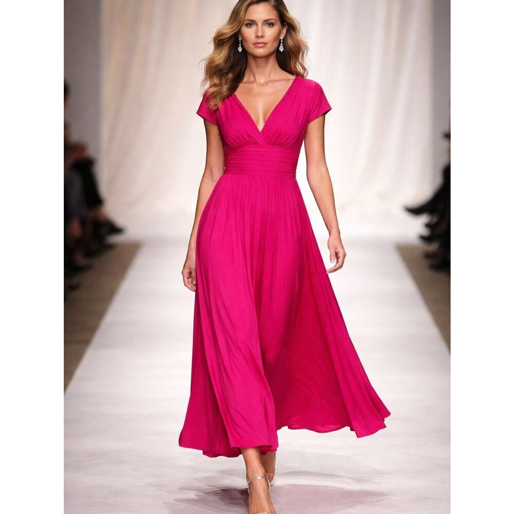 Women's Fuchsia V-Neck Maxi Dress with Ruched Waist